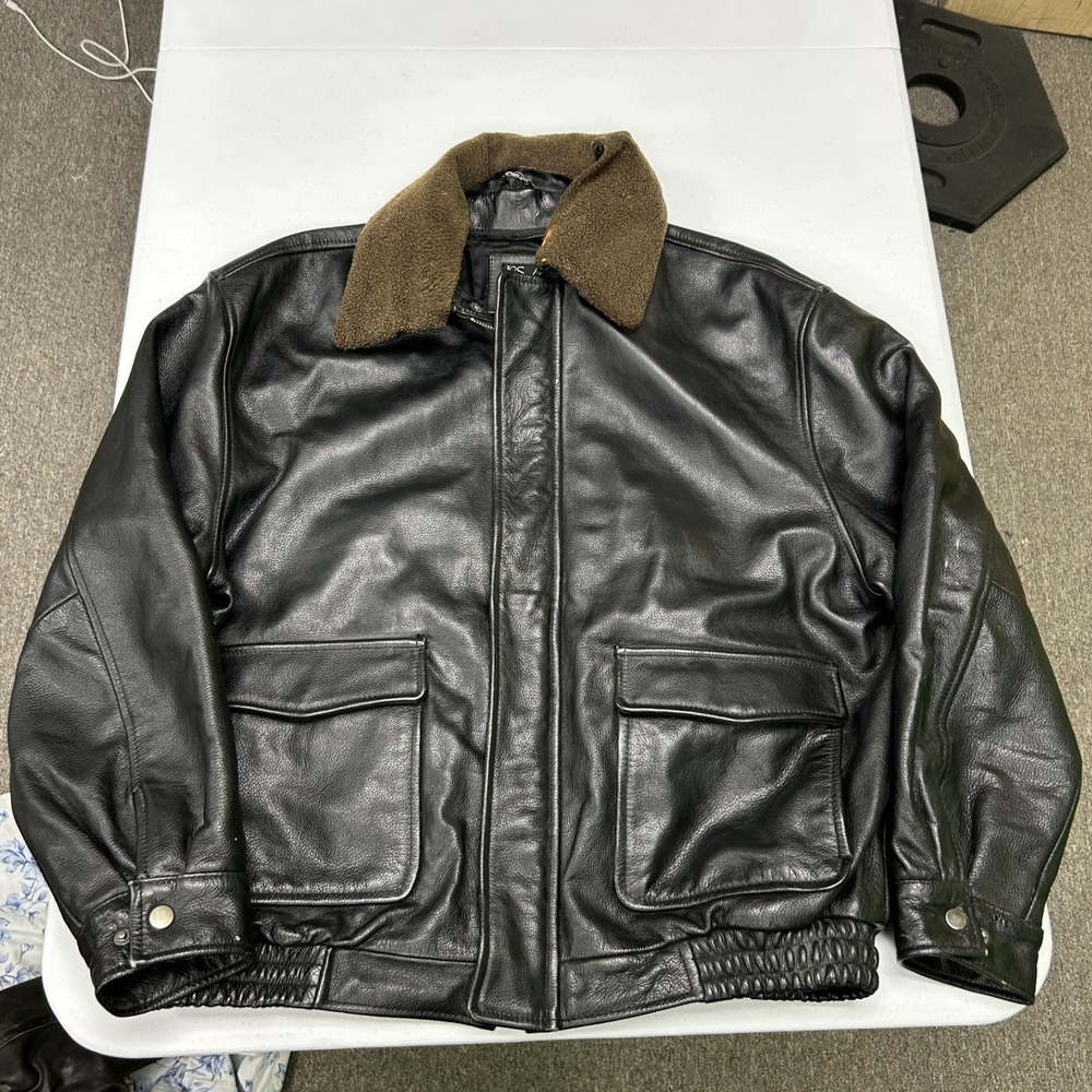 Jos. A. Bank Leather Flight Jacket Mens L Black Detachable Lamb Fur Collar A5